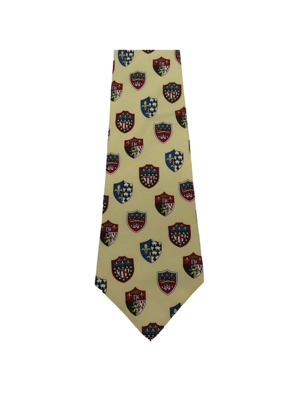 Tommy Hilfiger Yellow Red Blue Logo Crest Print Mens Necktie Tie Italian Silk